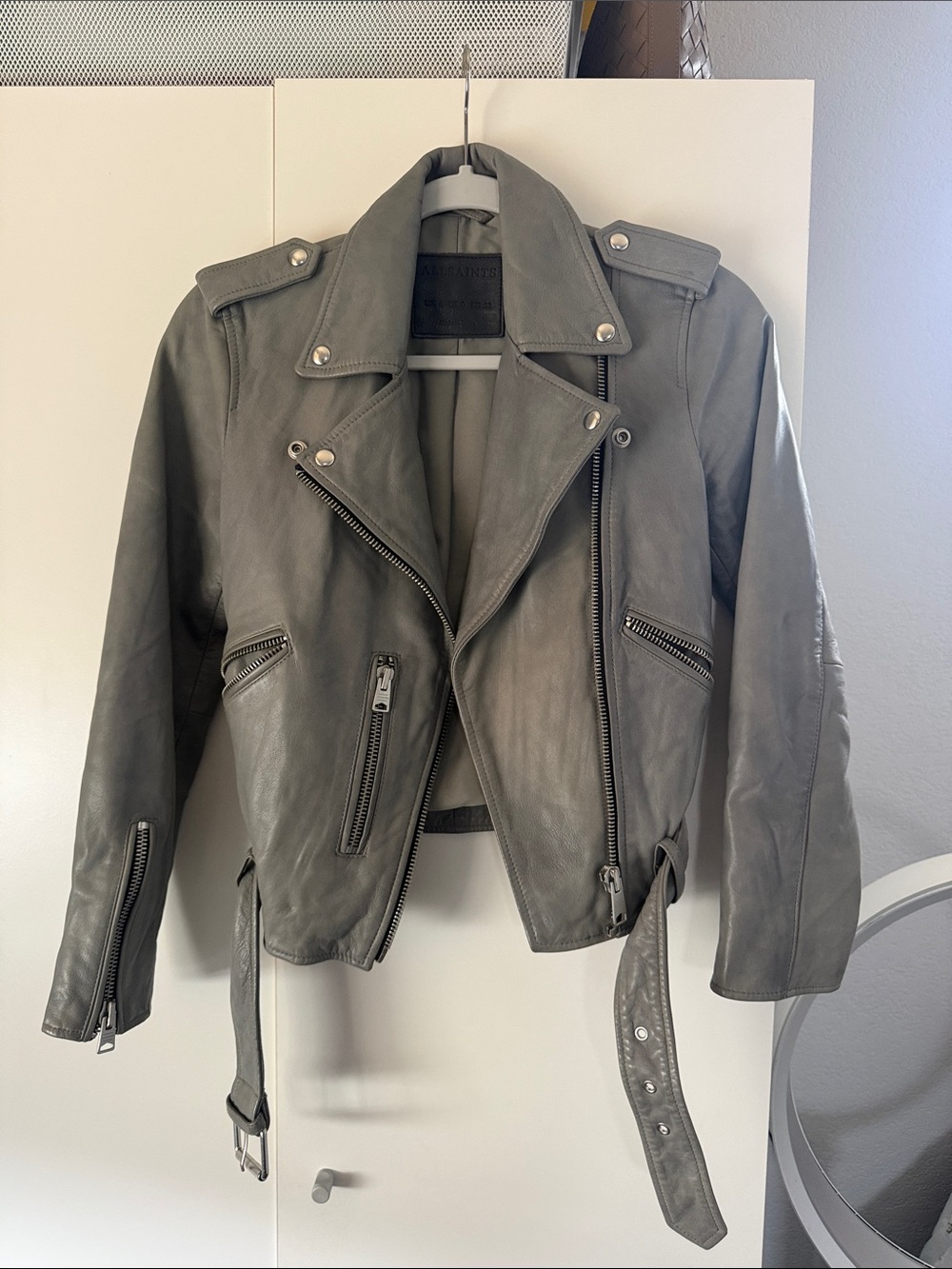 All Saints gray belfern leather moto jacket